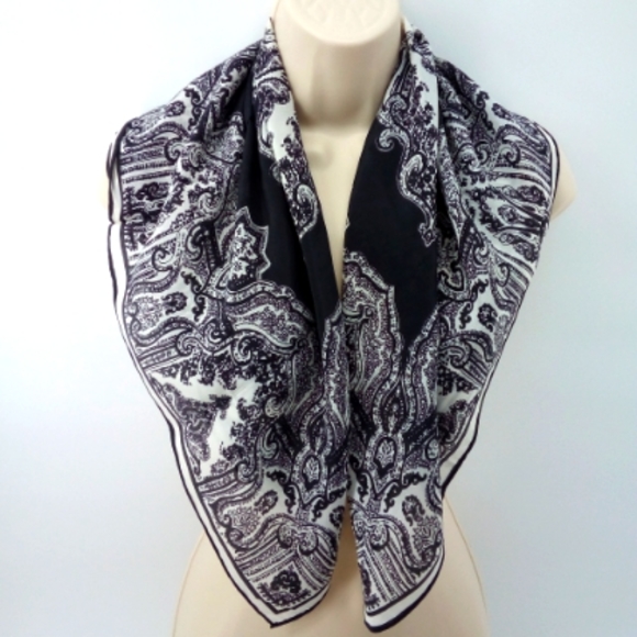 Vintage Paisley Bandanna Square Black White Neck Scarf - Picture 2 of 9